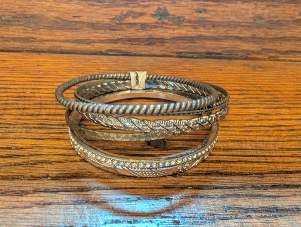 Vintage Stack Of Silver twisted Etched Rhinestone Bangels Bracelets Set